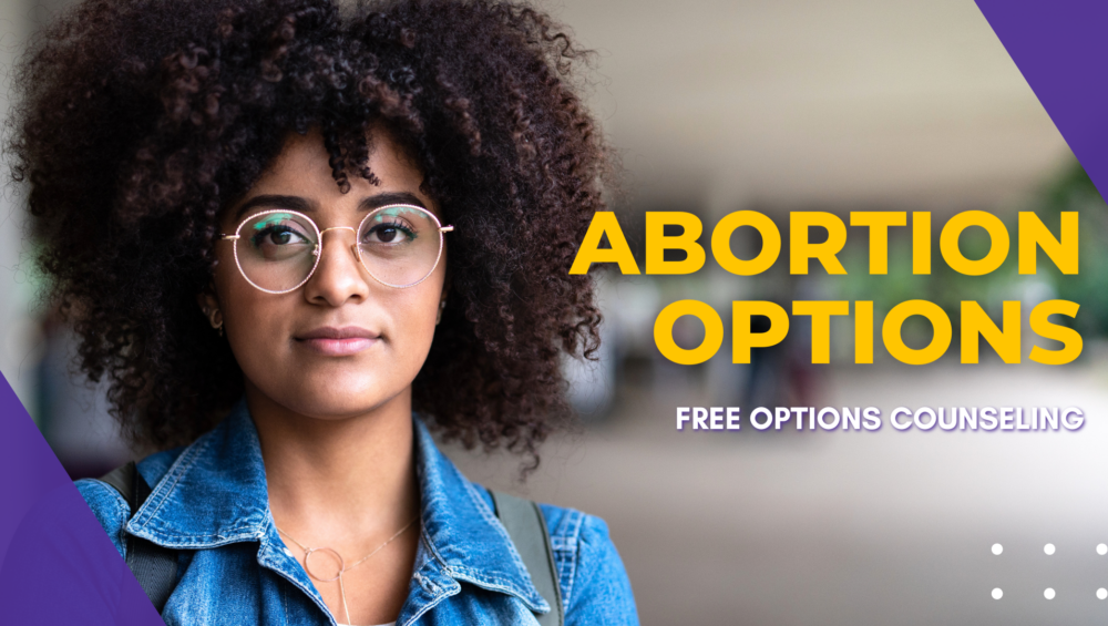 This is a header image for the Problem Pregnancy Center's blog article, Abortion Options in Michigan. the image is of a portrait of a young black woman with text that reads, "Abortion Options, Free Options Counseling".
