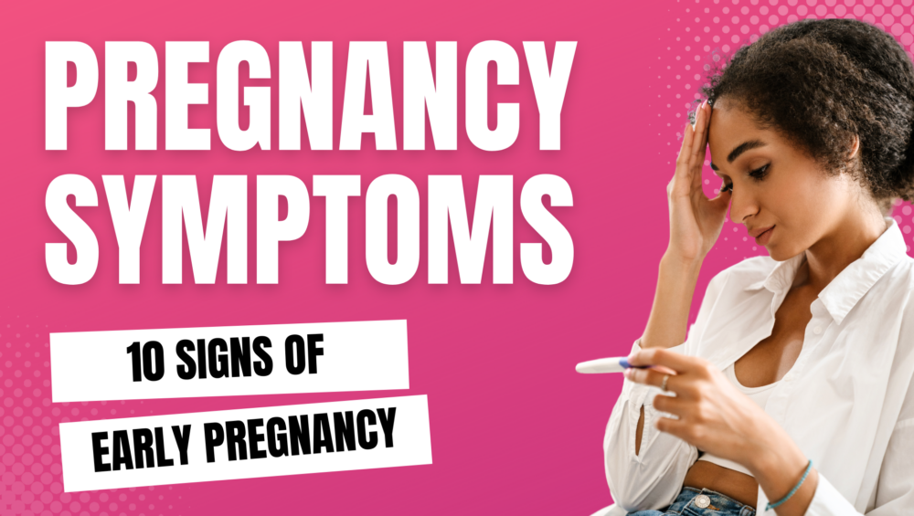 Blog header: "10 Signs of Early Pregnancy" with text overlay. A young Black woman looking at a pregnancy test, considering her options. Problem Pregnancy Center offers support.