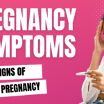 Blog header: "10 Signs of Early Pregnancy" with text overlay. A young Black woman looking at a pregnancy test, considering her options. Problem Pregnancy Center offers support.