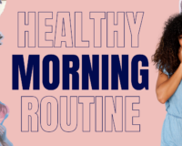 Smiling young woman next to text that says “Healthy Morning Routine,” surrounded by wellness items like a yoga mat, headphones, and plants — representing a peaceful and productive start to the day. Ideal for women navigating stress, uncertainty, or unplanned pregnancy.