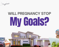 Ambitious woman sitting with coffee near laptop and dream home — reflecting on goals and wondering if pregnancy will change her future.