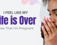 A young woman with pink nails and a diamond ring prays with her hands clasped near her face, looking overwhelmed and worried, next to the text: I Feel Like My Life is Over Now That I’m Pregnant.
