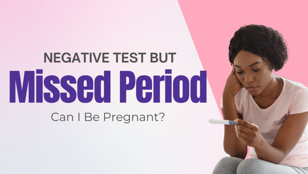 Concerned Black woman looking at a negative pregnancy test, wondering if she’s pregnant despite a missed period — seeking answers in Detroit, MI.