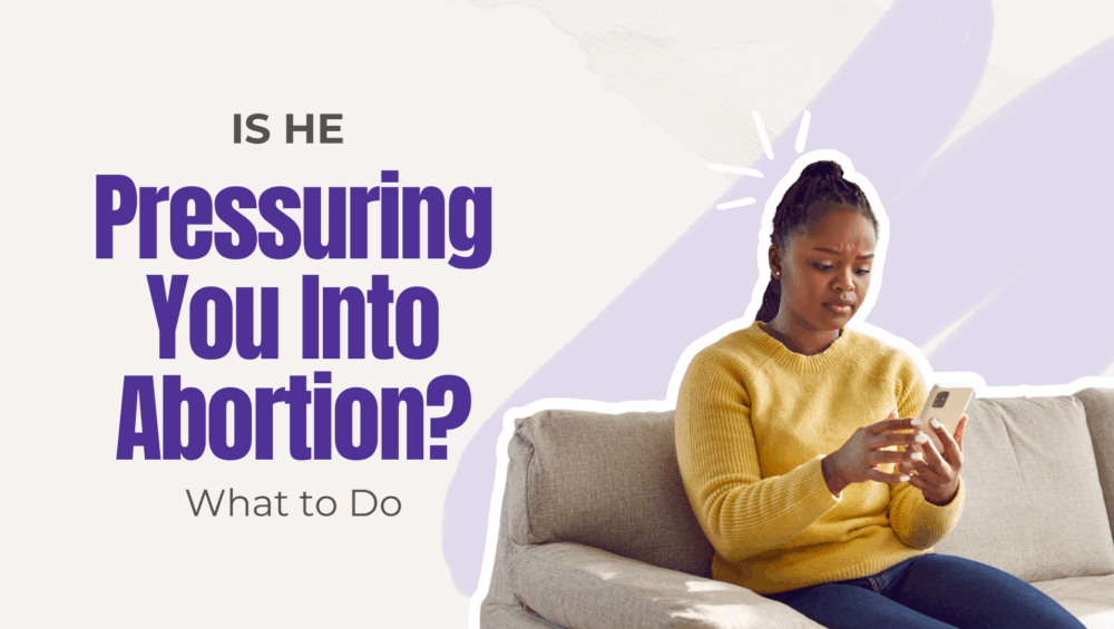 woman in her living room looks uncertain and concerned as her partner texts her about having an abortion.
