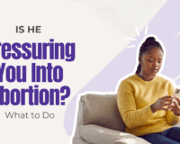 woman in her living room looks uncertain and concerned as her partner texts her about having an abortion.