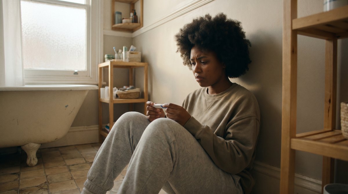 Young woman sitting quietly reflecting on her pregnancy options at Problem Pregnancy Center Southfield MI