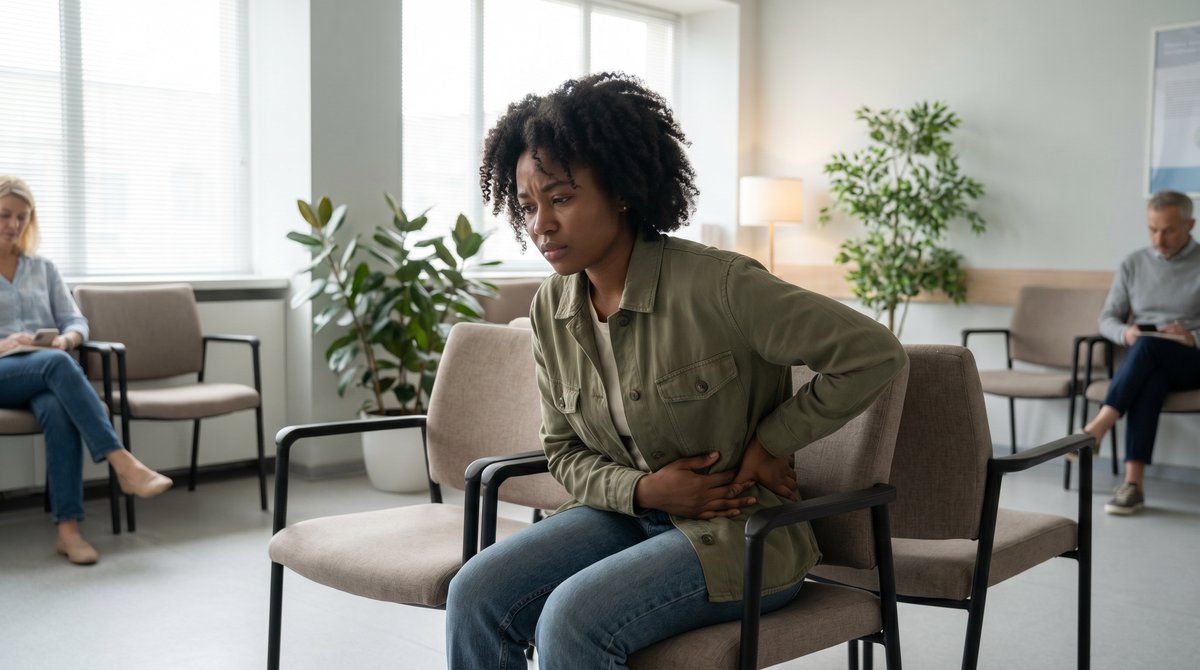 Young woman in a waiting room looking concerned - ectopic pregnancy symptoms Southfield MI