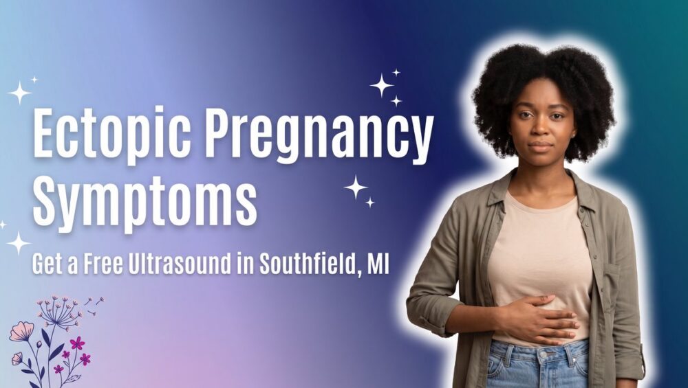 Young Black woman hand on abdomen concerned - ectopic pregnancy symptoms free ultrasound Southfield MI