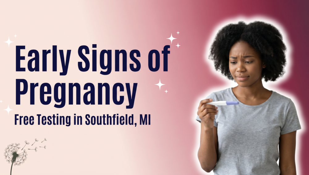 Young Black woman holding pregnancy test - early signs of pregnancy free testing Southfield MI