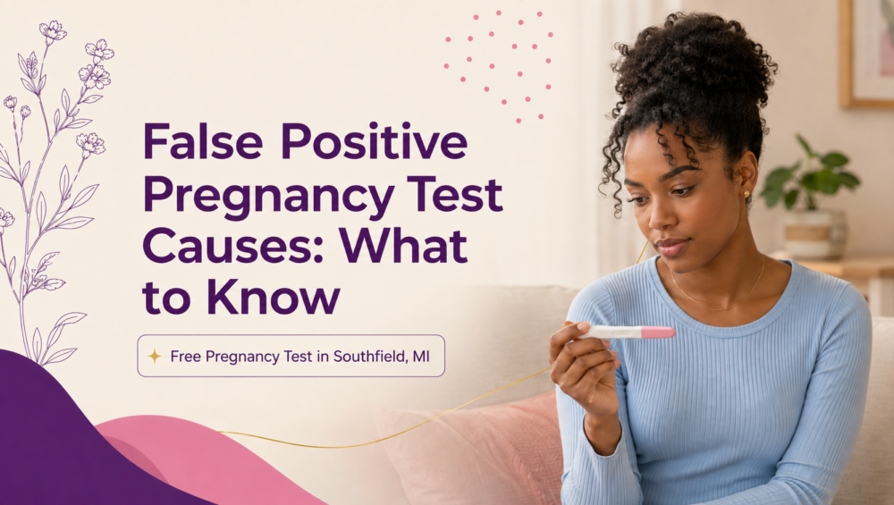 Woman looking thoughtfully at a pregnancy test, learning about false positive pregnancy test causes at Problem Pregnancy Center in Southfield, MI