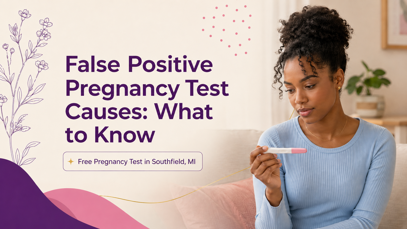 Woman looking thoughtfully at a pregnancy test, learning about false positive pregnancy test causes at Problem Pregnancy Center in Southfield, MI