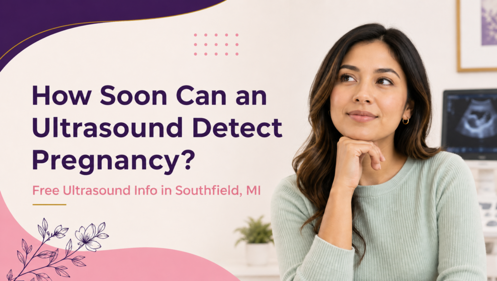 Woman thoughtfully considering how soon an ultrasound can detect pregnancy, with an ultrasound machine in a Southfield, MI pregnancy support center