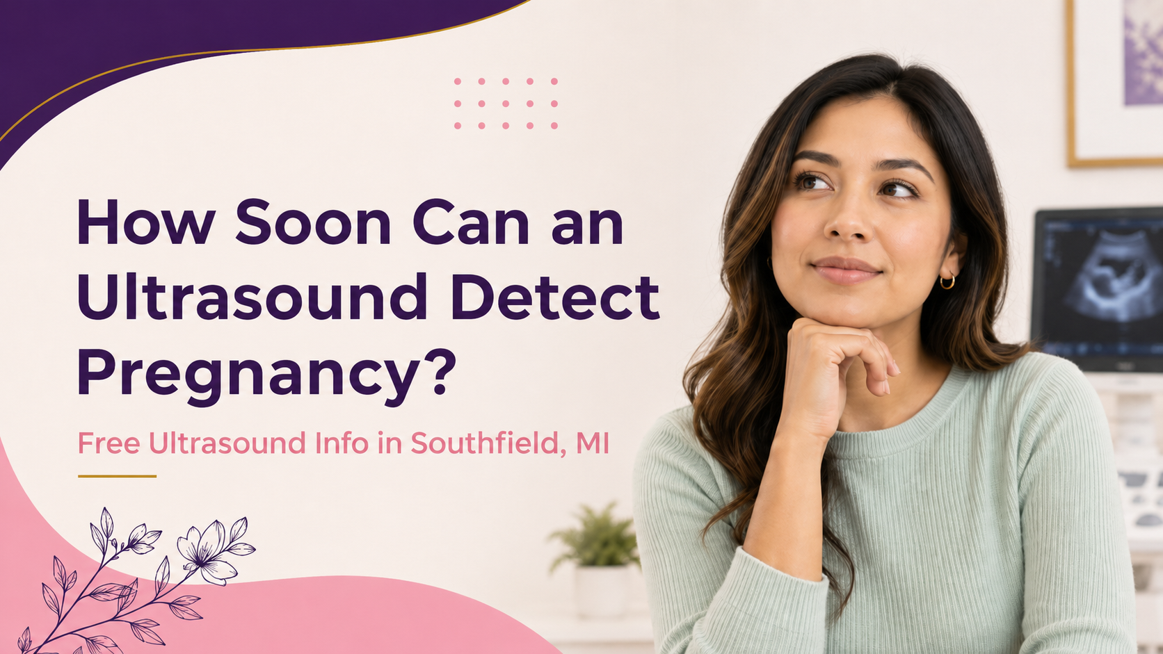 Woman thoughtfully considering how soon an ultrasound can detect pregnancy, with an ultrasound machine in a Southfield, MI pregnancy support center