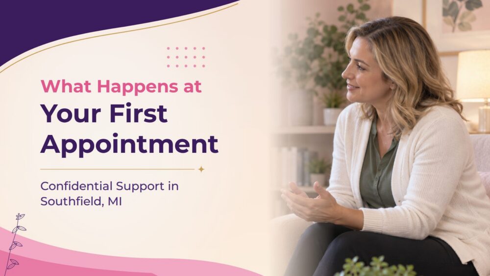 A caring options counselor at Problem Pregnancy Center in Southfield, MI, ready to talk with you at your first appointment