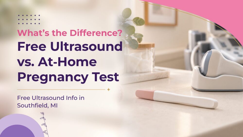 Free ultrasound vs. at-home pregnancy test: an ultrasound transducer and a home pregnancy test on a clinic counter at Problem Pregnancy Center in Southfield, MI