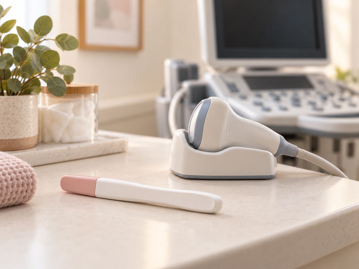 Ultrasound vs. pregnancy test: an ultrasound transducer beside an at-home pregnancy test on a clinic counter