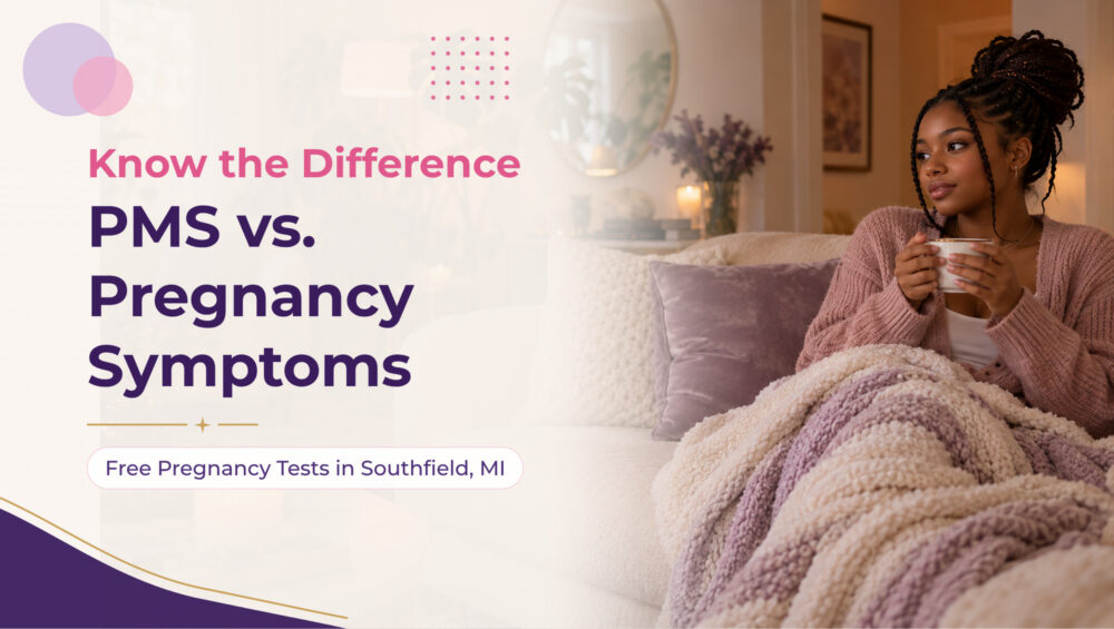 PMS vs pregnancy symptoms: young woman with tea under a blanket on a cozy sofa, Problem Pregnancy Center, Southfield, MI