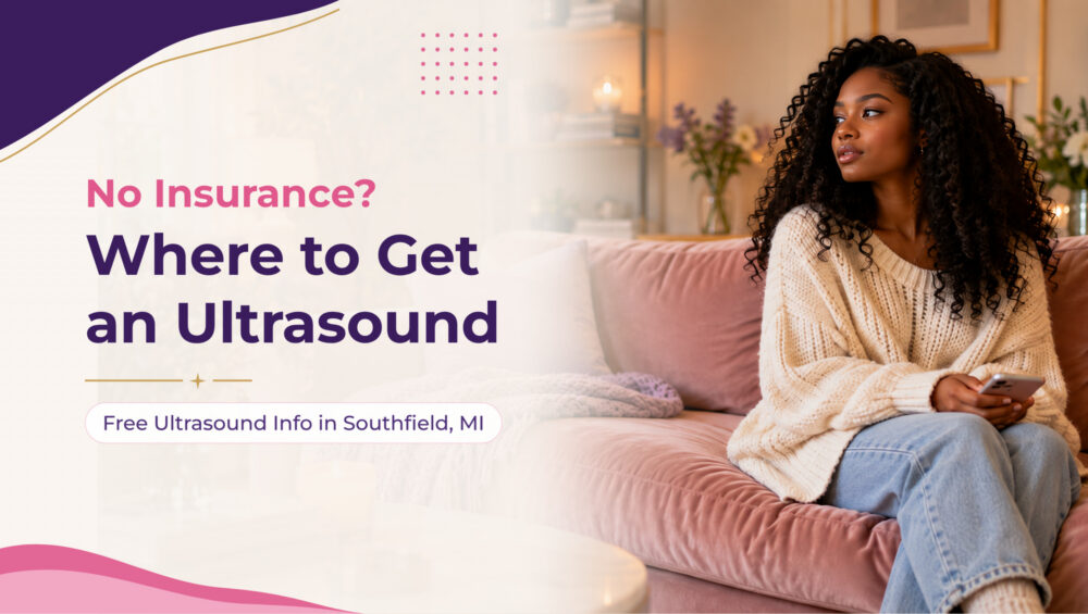 Where to get an ultrasound without insurance: young woman in jeans on a blush sofa in a cozy living room, Problem Pregnancy Center, Southfield, MI